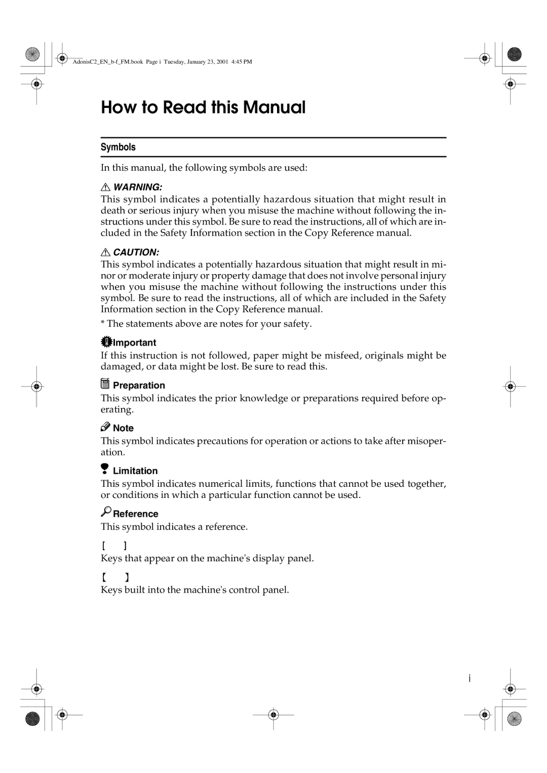 Savin 1045 manual How to Read this Manual, Symbols, Preparation, Limitation, Reference 