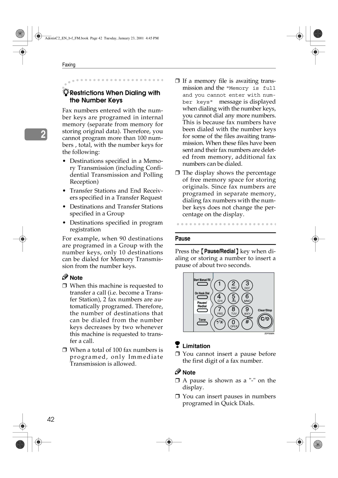 Savin 1045 manual Restrictions When Dialing with the Number Keys, Pause 