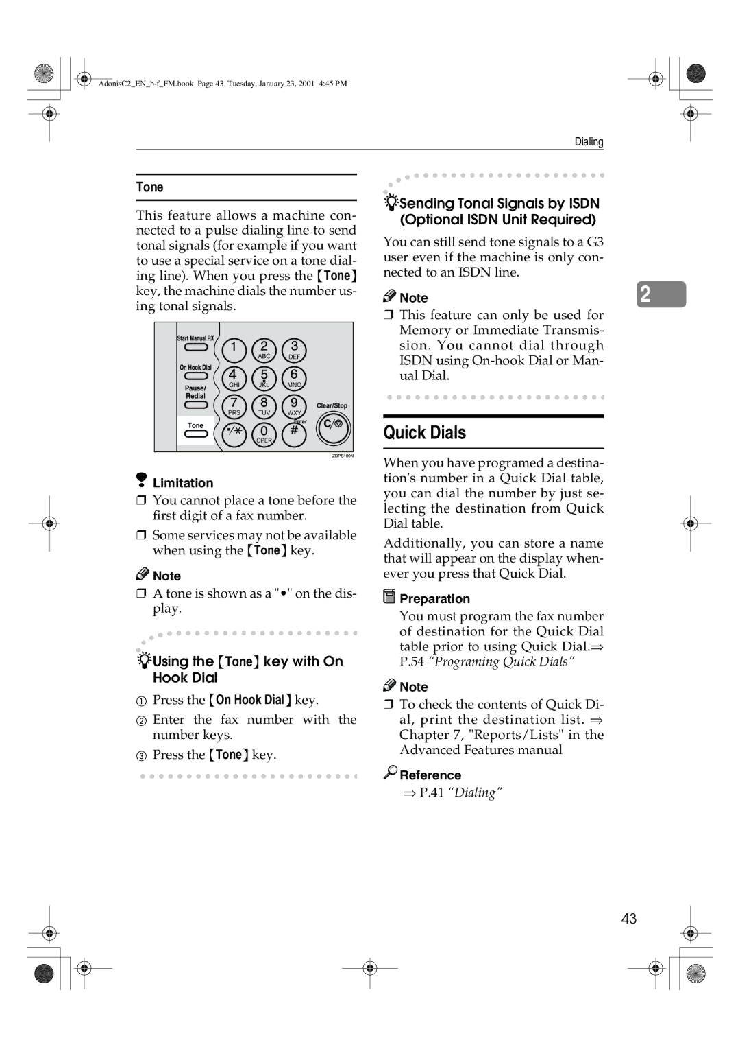 Savin 1045 manual Quick Dials, Using the Tone key with On Hook Dial 