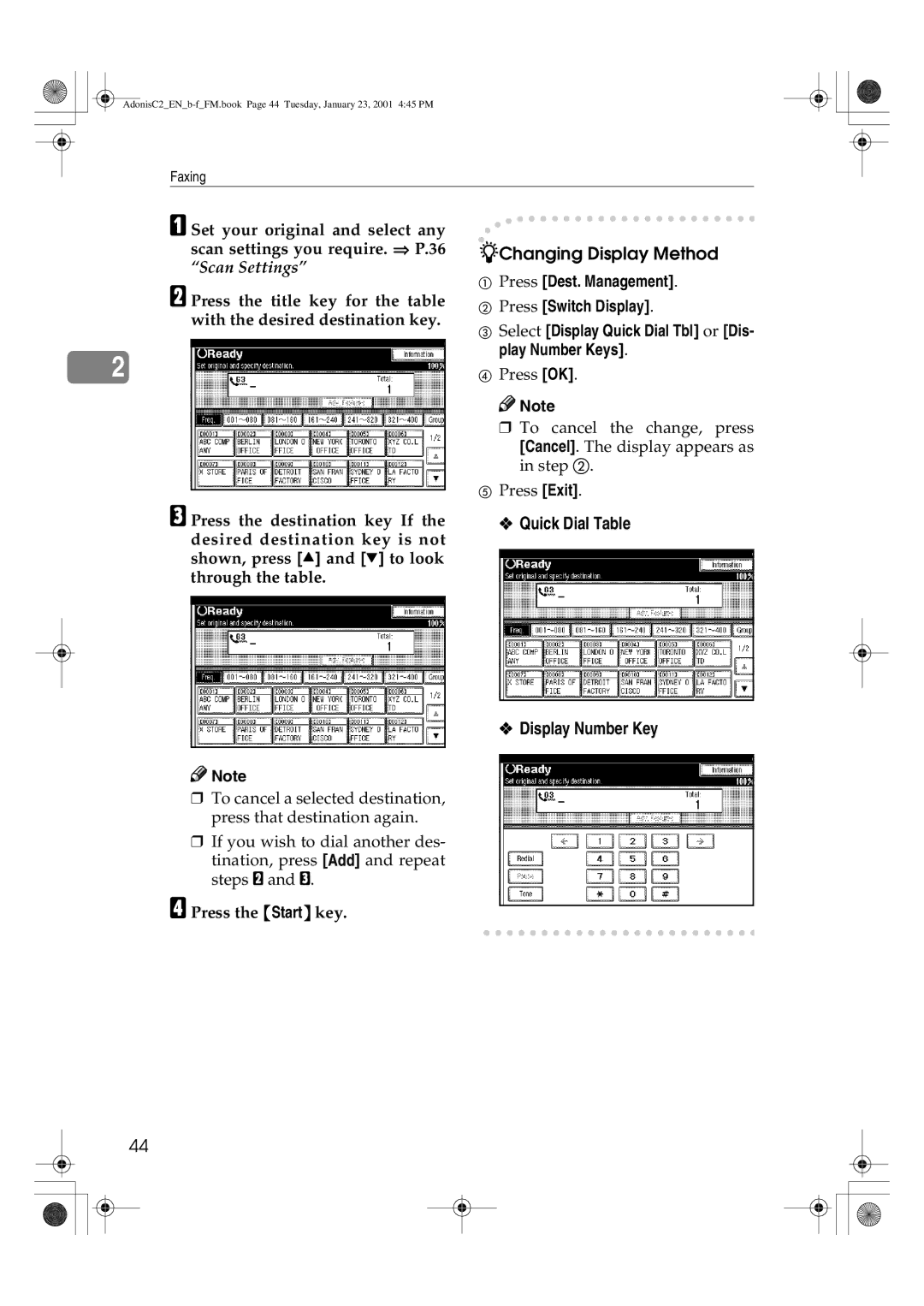 Savin 1045 manual Changing Display Method, Quick Dial Table Display Number Key 