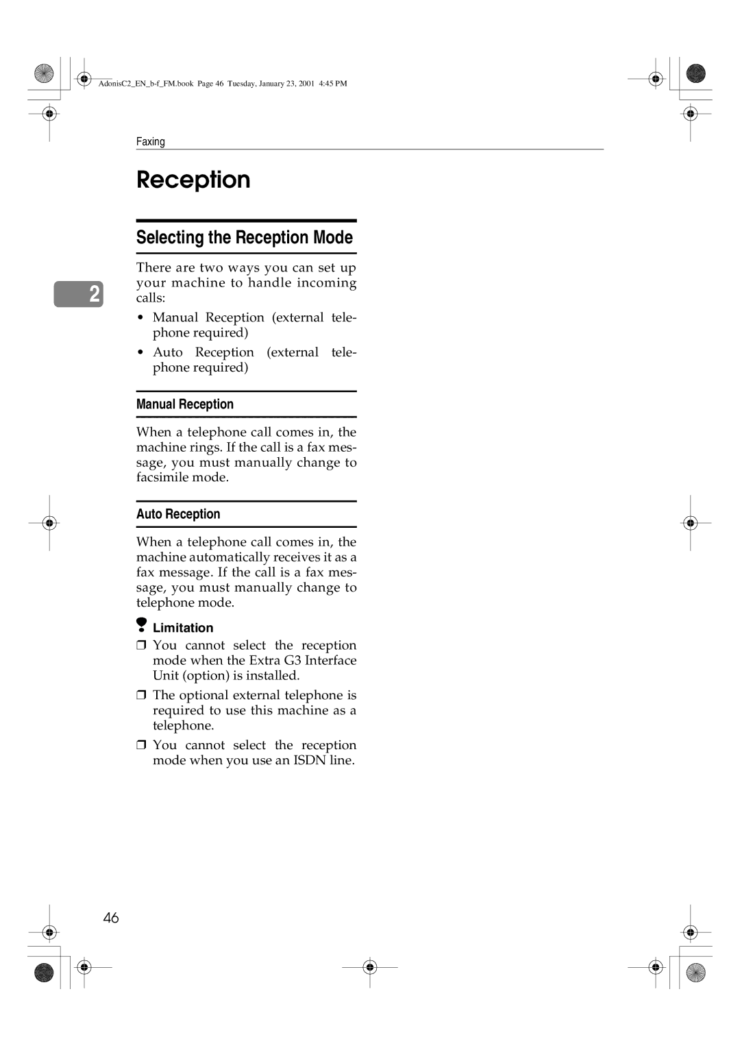 Savin 1045 manual Selecting the Reception Mode, Manual Reception, Auto Reception 