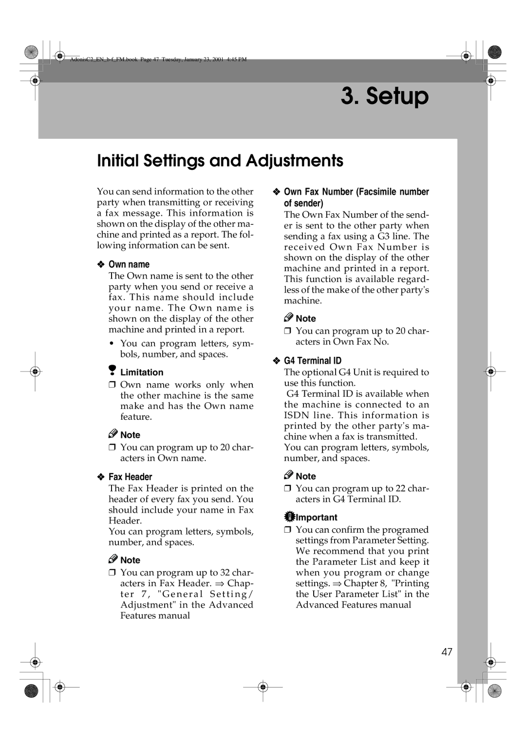 Savin 1045 manual Initial Settings and Adjustments, Own name, Fax Header, Own Fax Number Facsimile number of sender 