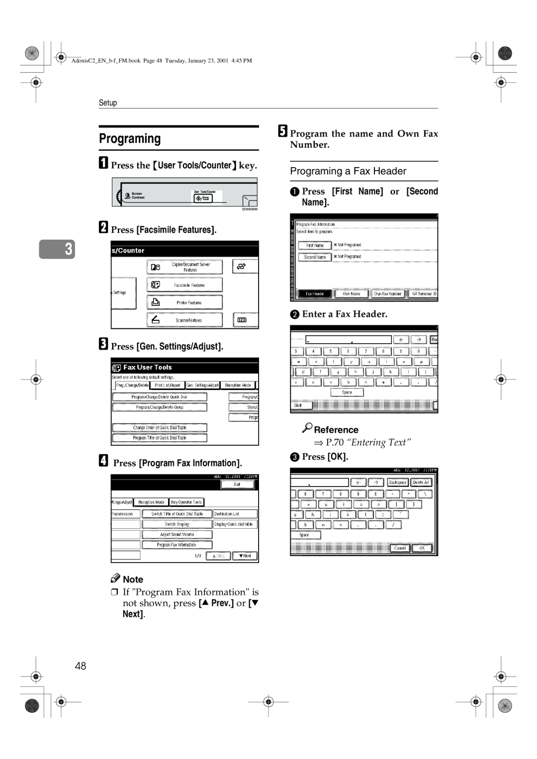 Savin 1045 manual Programing a Fax Header, Press First Name or Second, Next 