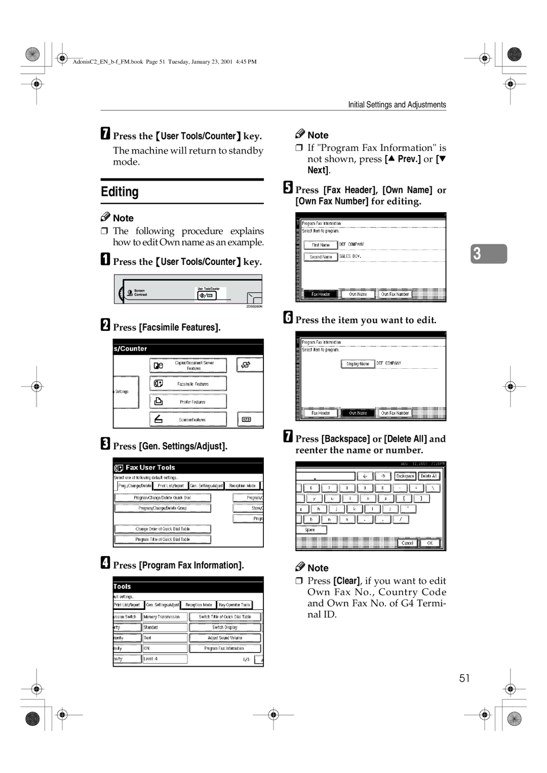 Savin 1045 manual Editing, Press the User Tools/Counter key, Reenter the name or number 