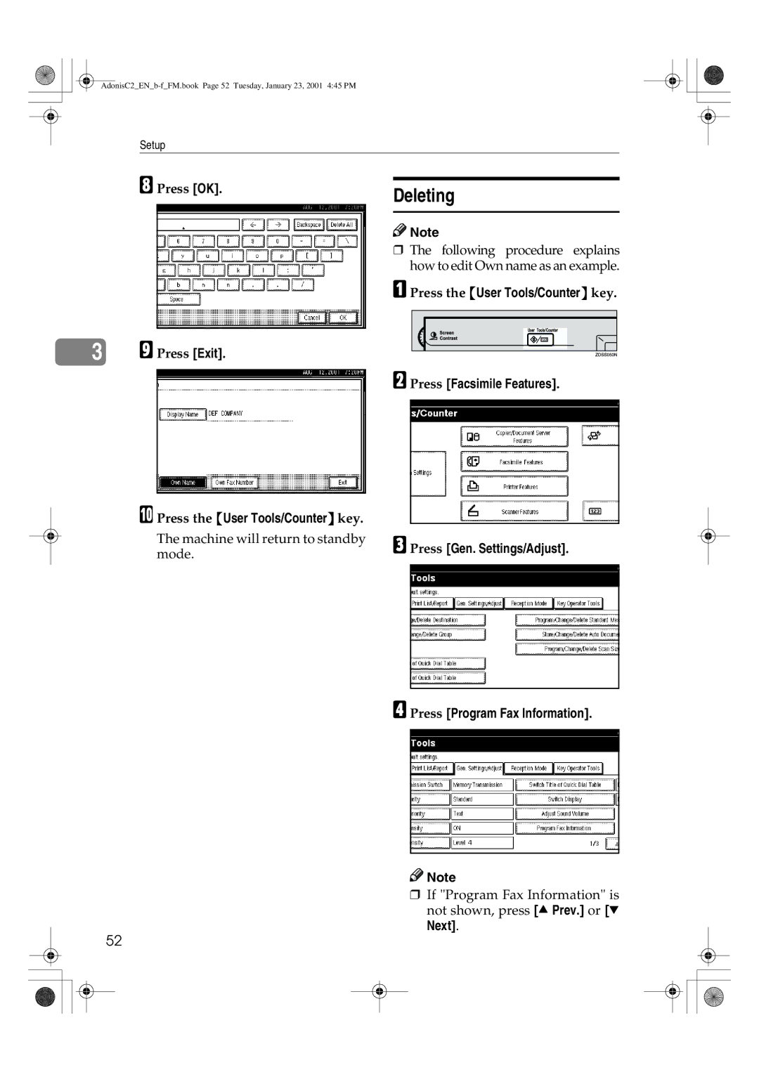 Savin 1045 manual Deleting, Press the User Tools/Counter key Press Facsimile Features, Machine will return to standby, Mode 