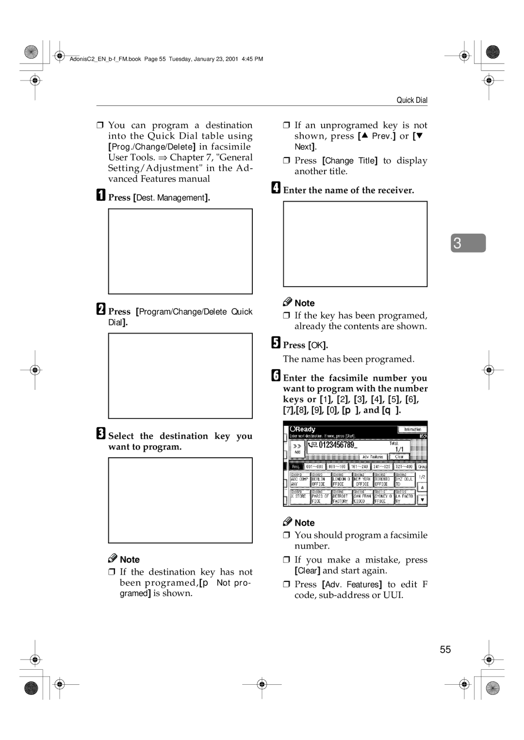 Savin 1045 manual Enter the name of the receiver, Press Program/Change/Delete Quick Dial 