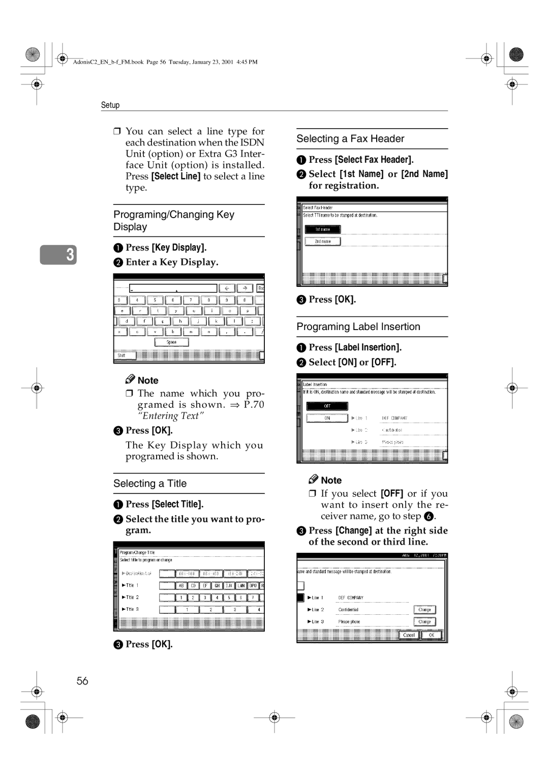 Savin 1045 manual Programing/Changing Key Display, Selecting a Fax Header, Programing Label Insertion, Selecting a Title 