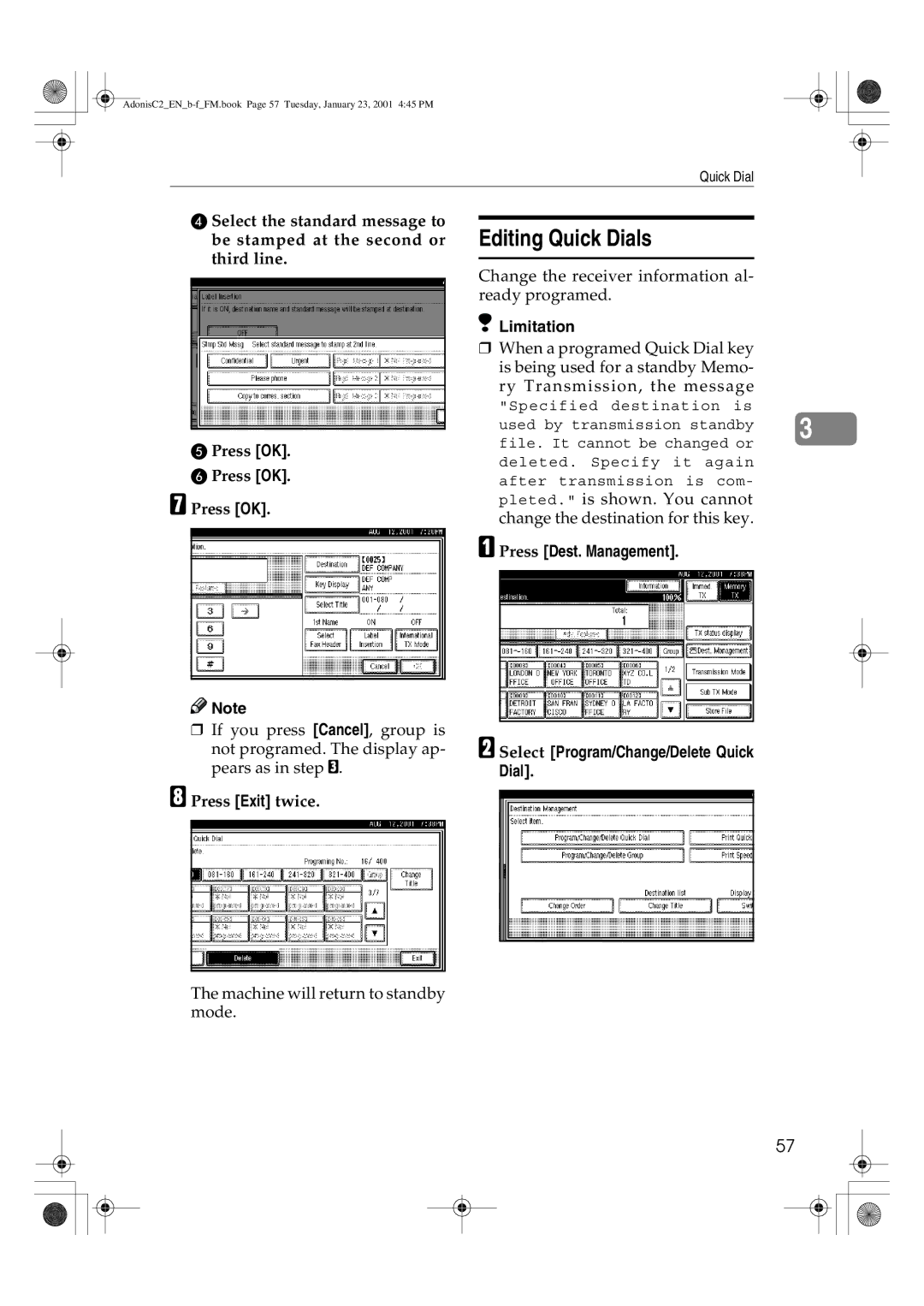 Savin 1045 manual Editing Quick Dials, Press Exit twice 