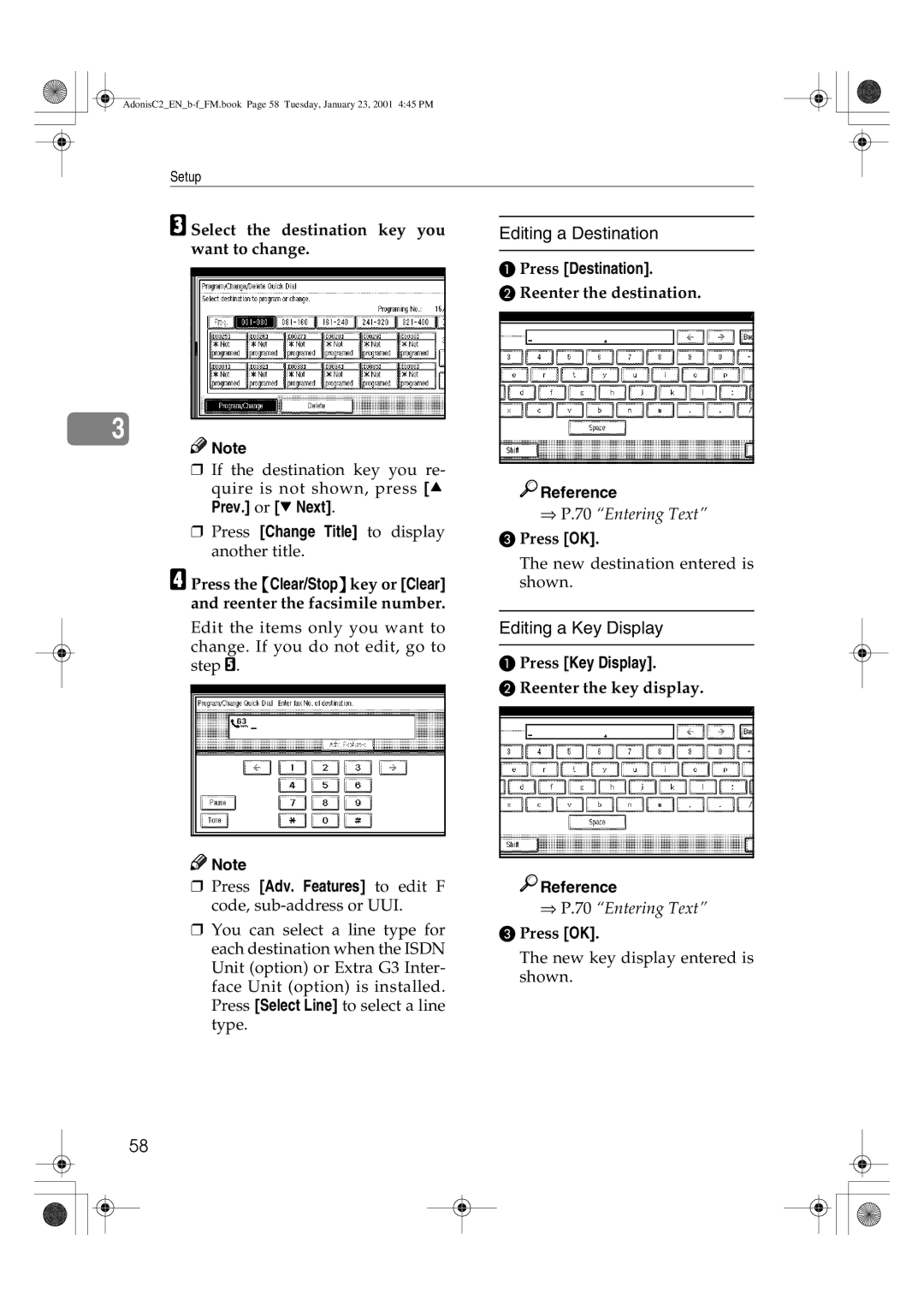 Savin 1045 manual Editing a Destination, Editing a Key Display, Prev. or T Next, Press Destination 