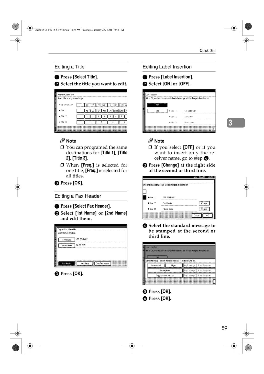 Savin 1045 manual Editing a Title, Editing Label Insertion, Editing a Fax Header, Select the title you want to edit 