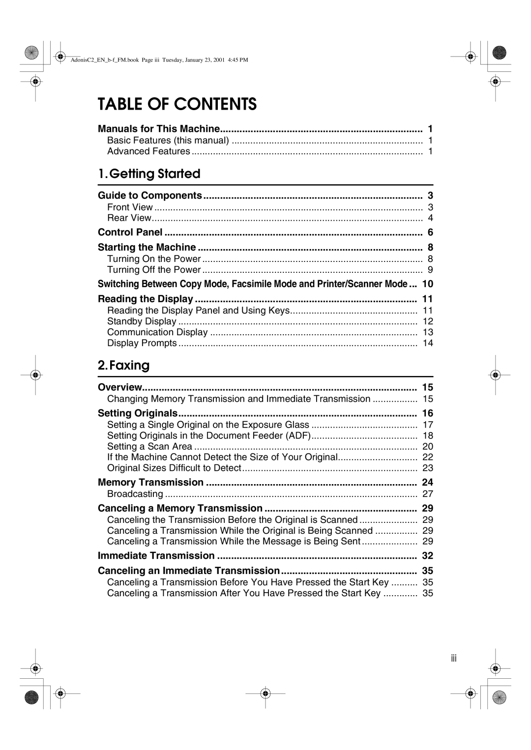 Savin 1045 manual Table of Contents 