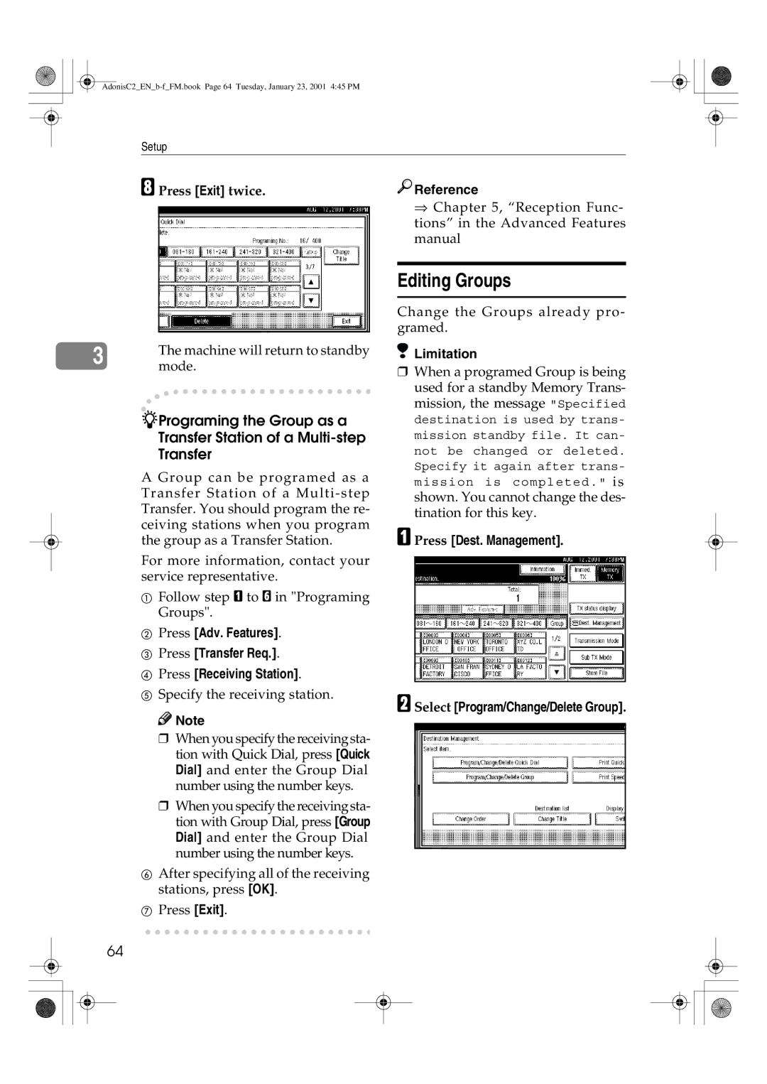 Savin 1045 manual Editing Groups, Programing the Group as a Transfer Station of a Multi-step 