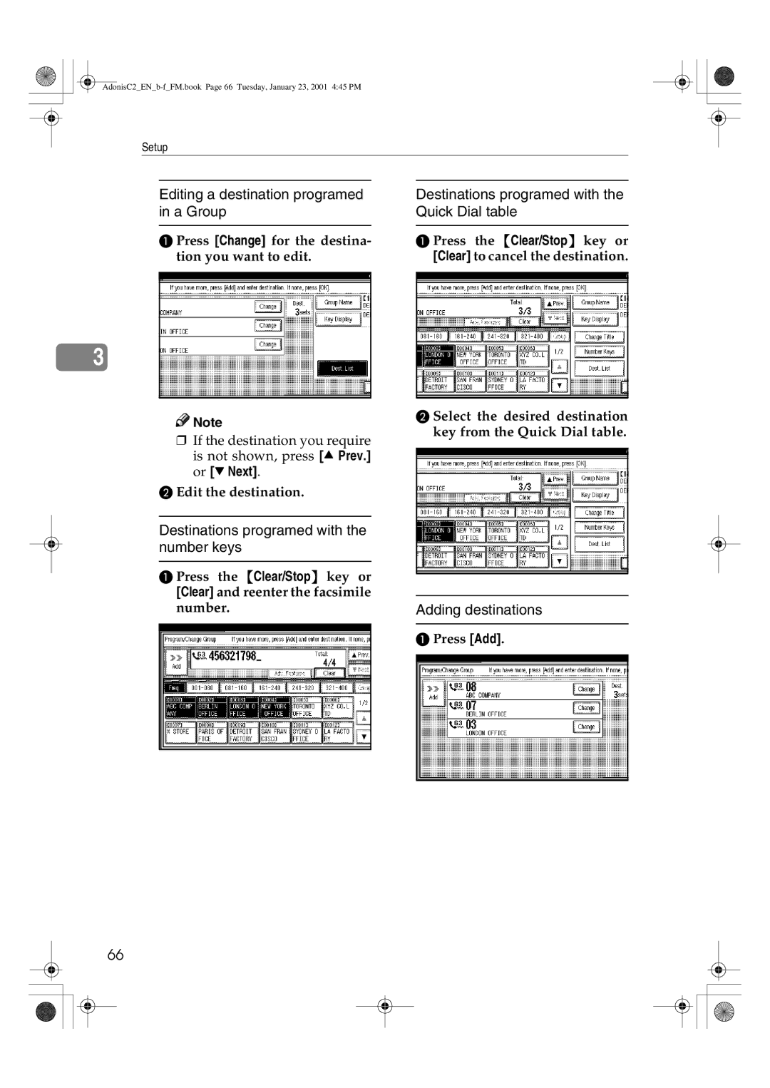 Savin 1045 manual Editing a destination programed in a Group, Destinations programed with the Quick Dial table 