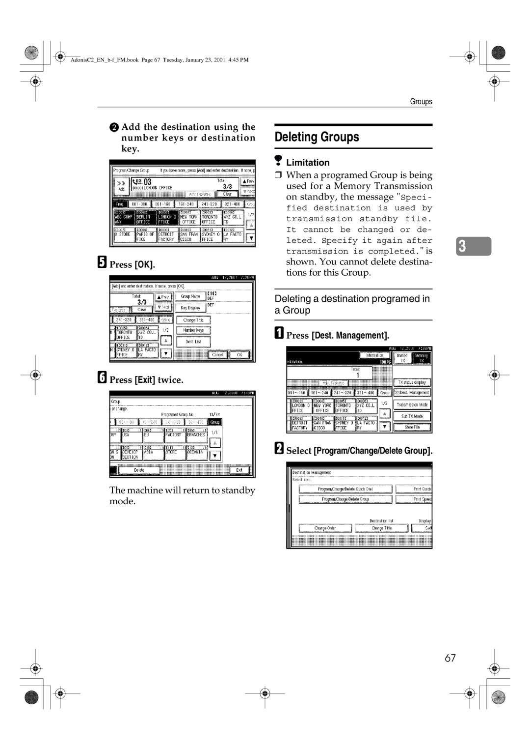 Savin 1045 manual Deleting Groups, Deleting a destination programed in a Group 