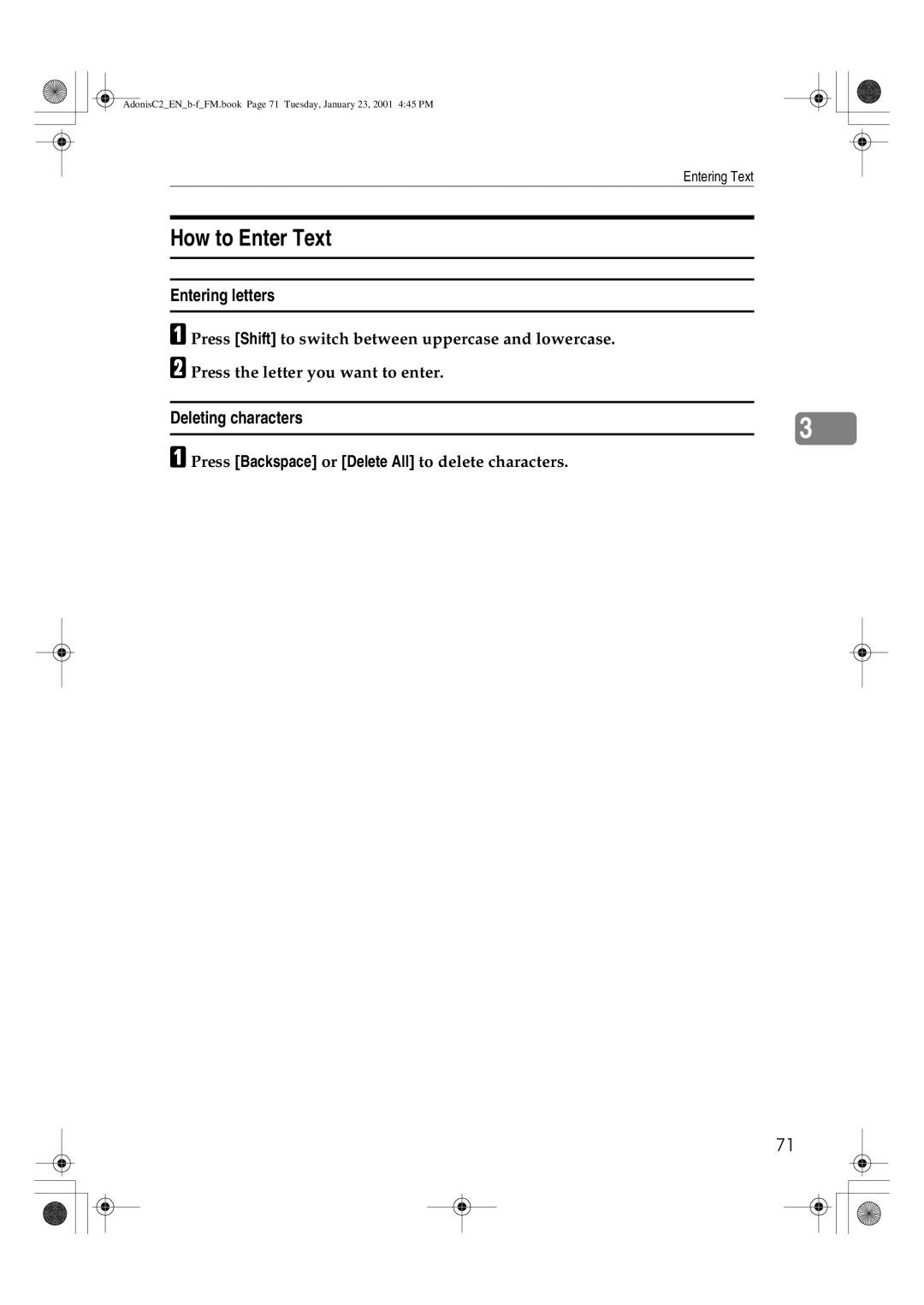 Savin 1045 How to Enter Text, Entering letters, Deleting characters, Press Backspace or Delete All to delete characters 