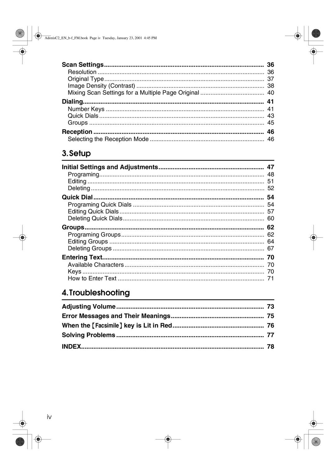 Savin 1045 manual Scan Settings, Dialing, Reception, Initial Settings and Adjustments, Quick Dial, Groups, Entering Text 