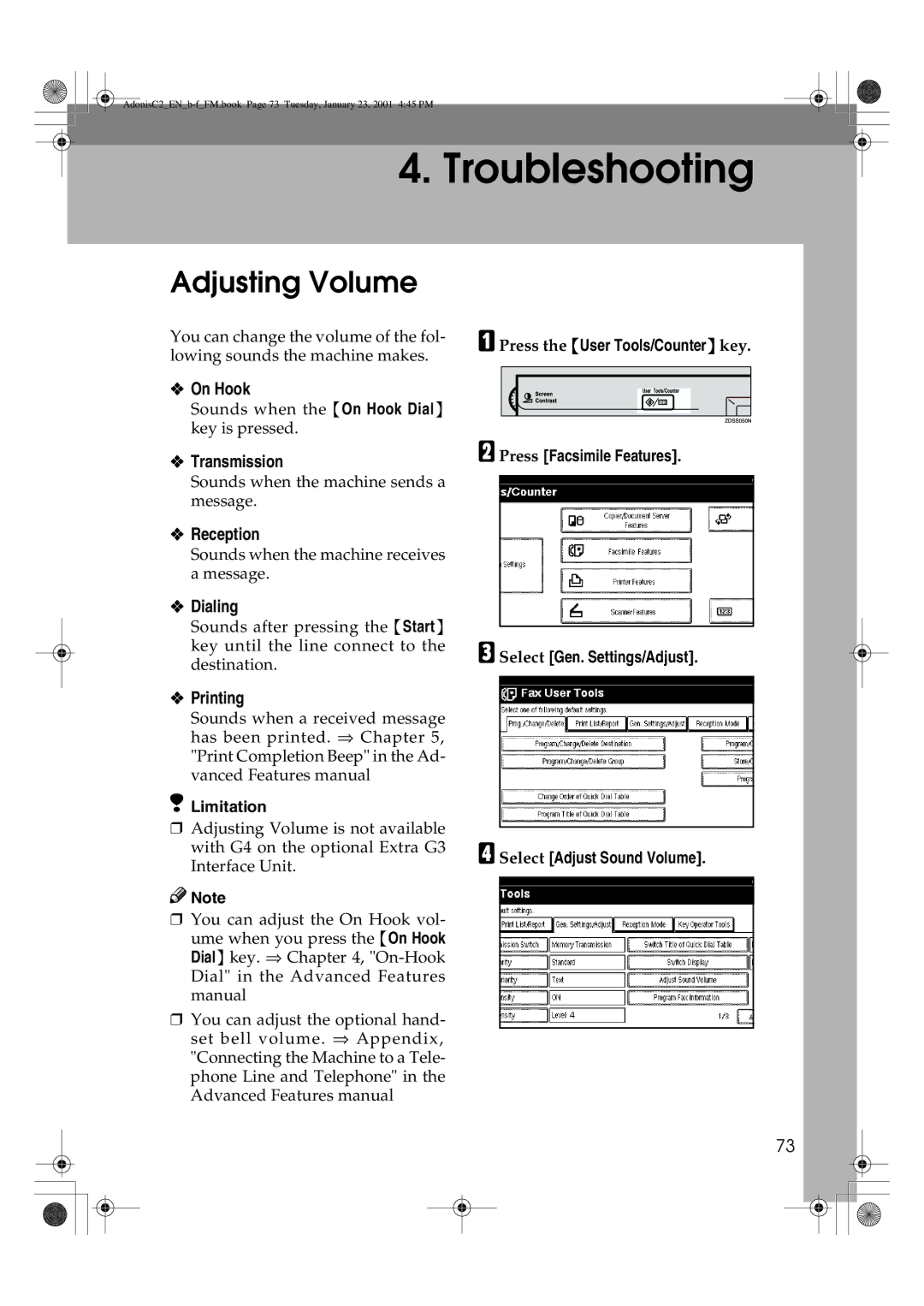 Savin 1045 manual Adjusting Volume, On Hook, Transmission, Dialing, Printing 