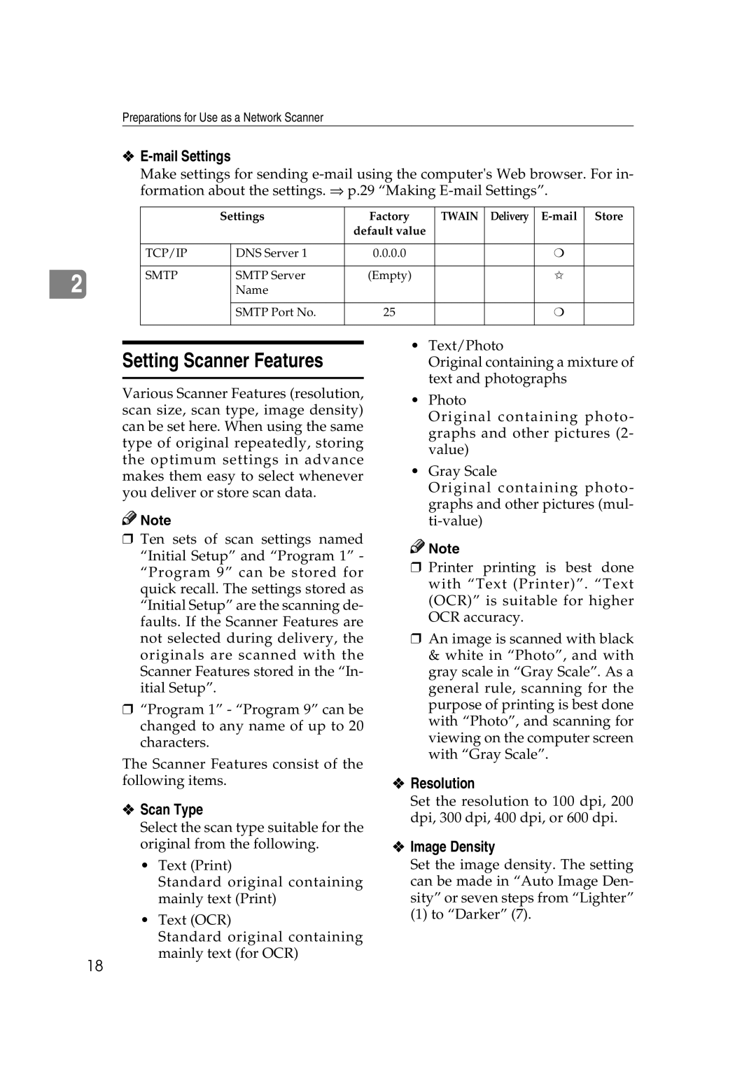 Savin 1075 appendix Setting Scanner Features, Mail Settings, Scan Type, Resolution, Image Density 