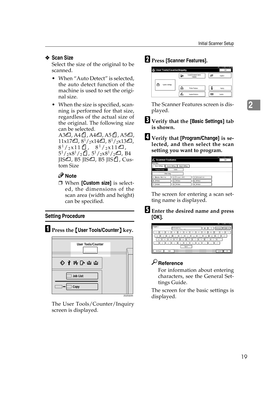 Savin 1075 appendix Scan Size, Setting Procedure, Press the User Tools/Counter key, Press Scanner Features 