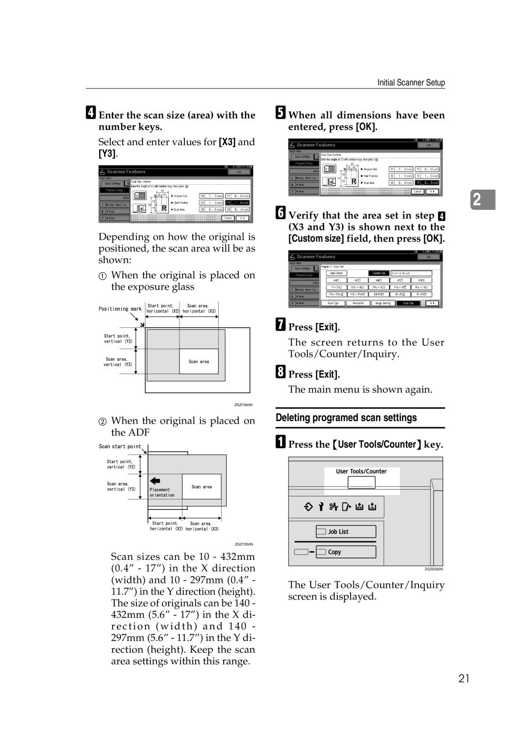 Savin 1075 appendix Deleting programed scan settings, Enter the scan size area with the number keys 