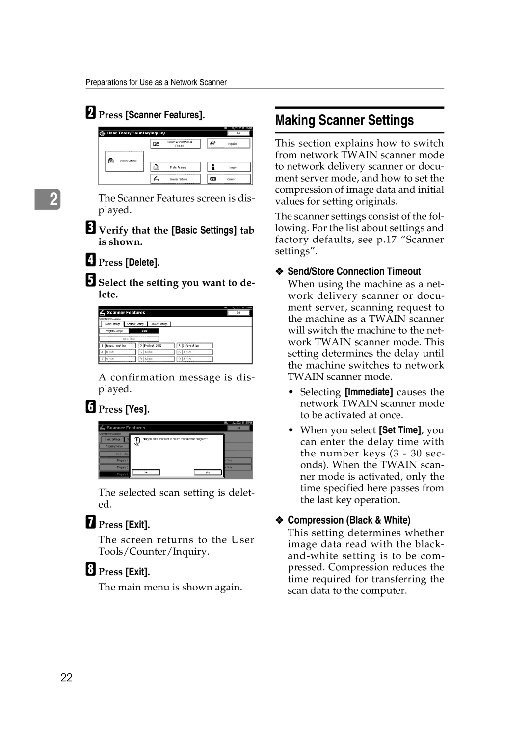 Savin 1075 appendix Making Scanner Settings, Send/Store Connection Timeout, Compression Black & White, Press Delete 