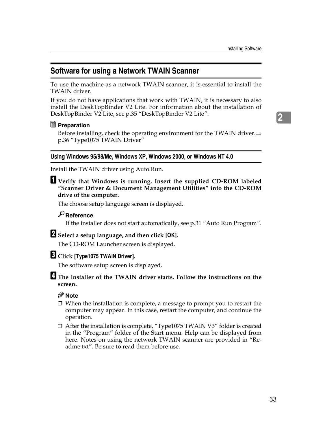 Savin appendix Software for using a Network Twain Scanner, Click Type1075 Twain Driver 