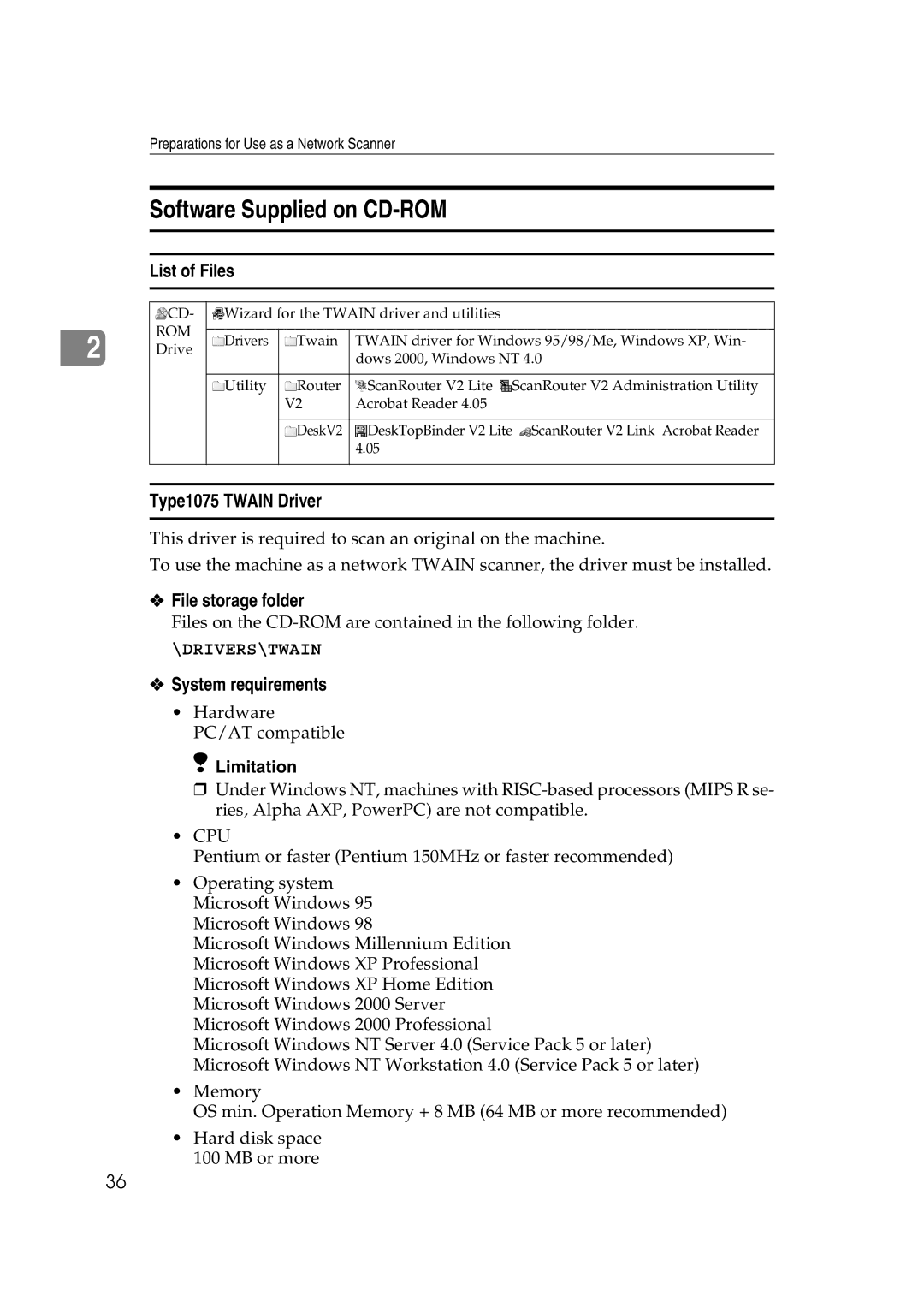 Savin Software Supplied on CD-ROM, List of Files, Type1075 Twain Driver, File storage folder, System requirements 