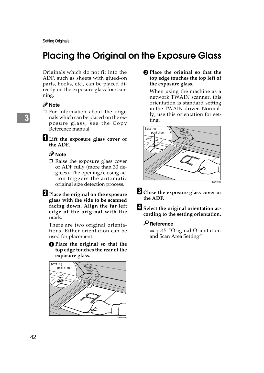 Savin 1075 appendix Placing the Original on the Exposure Glass, Lift the exposure glass cover or the ADF 