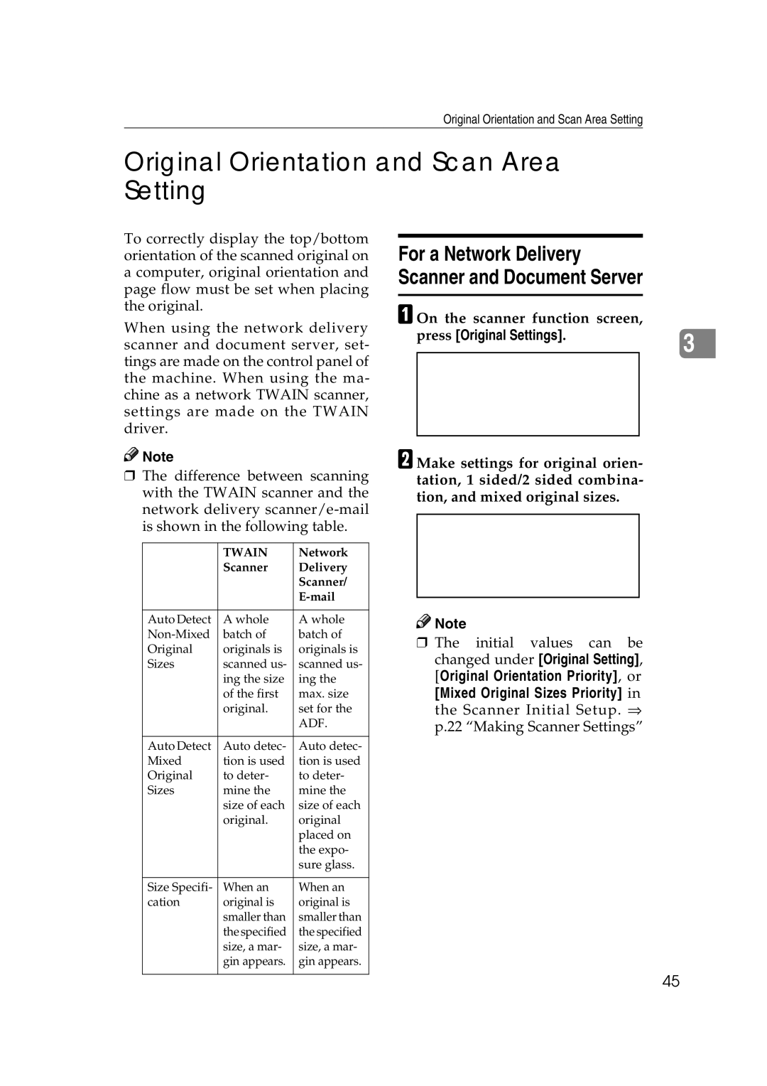 Savin 1075 appendix Original Orientation and Scan Area Setting, On the scanner function screen, Press Original Settings 