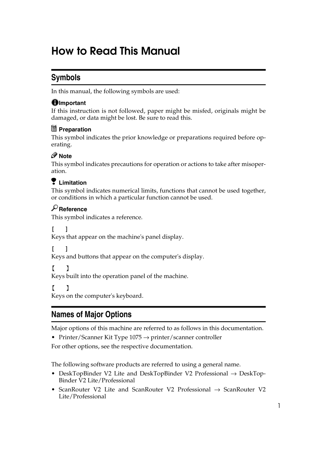 Savin 1075 appendix How to Read This Manual, Symbols, Names of Major Options 