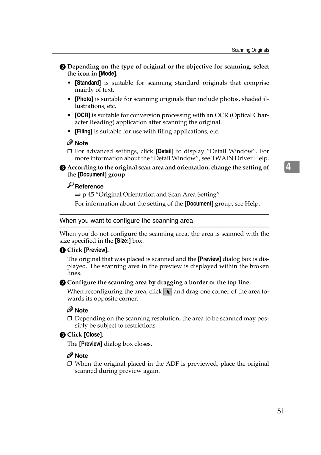 Savin 1075 appendix When you want to configure the scanning area, Document group Reference, Click Preview, Click Close 