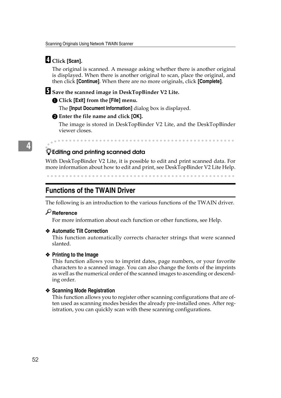 Savin 1075 Functions of the Twain Driver, Automatic Tilt Correction, Printing to the Image, Scanning Mode Registration 