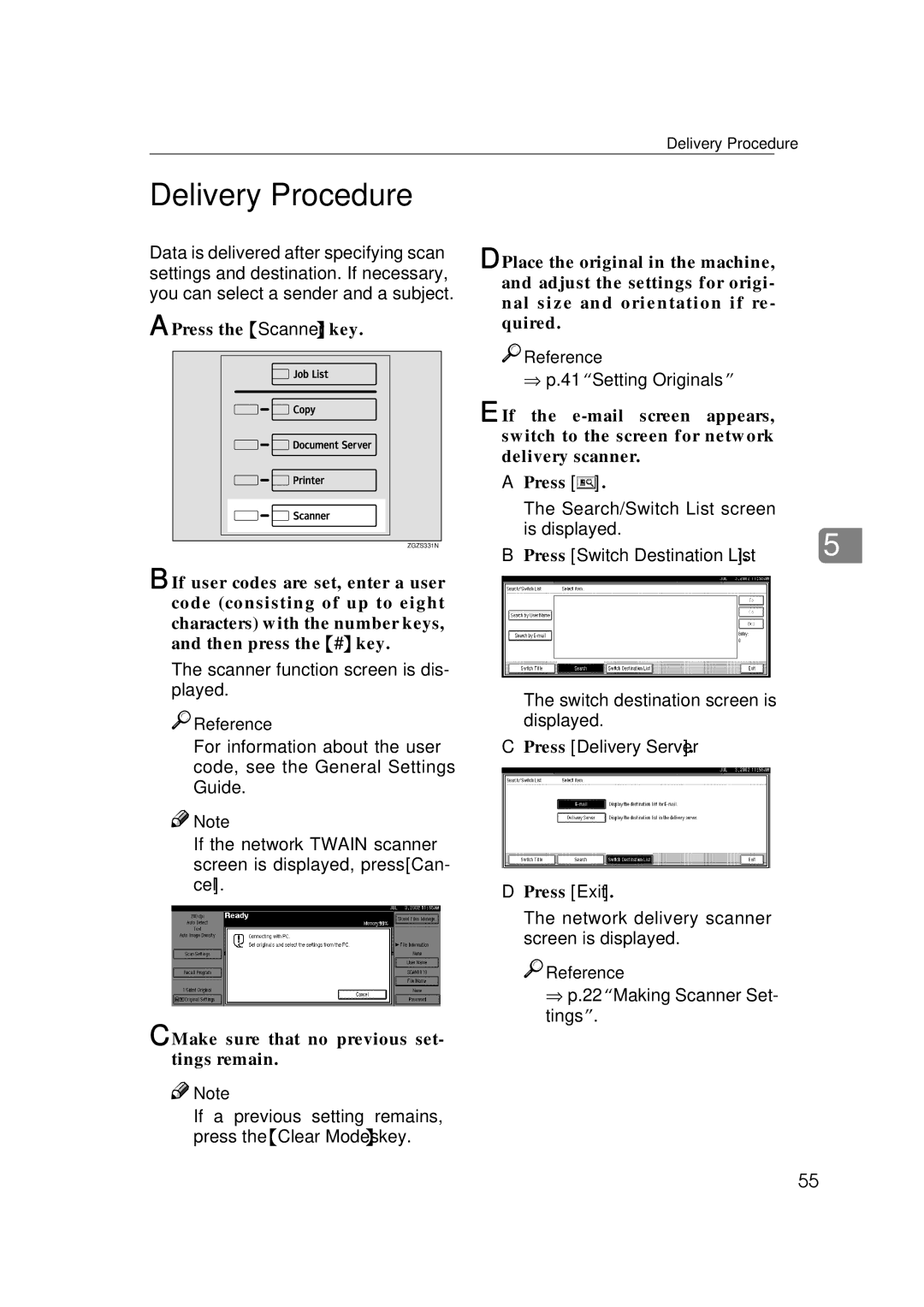 Savin 1075 appendix Delivery Procedure, Press the Scanner key, Press Switch Destination List, Press Delivery Server 