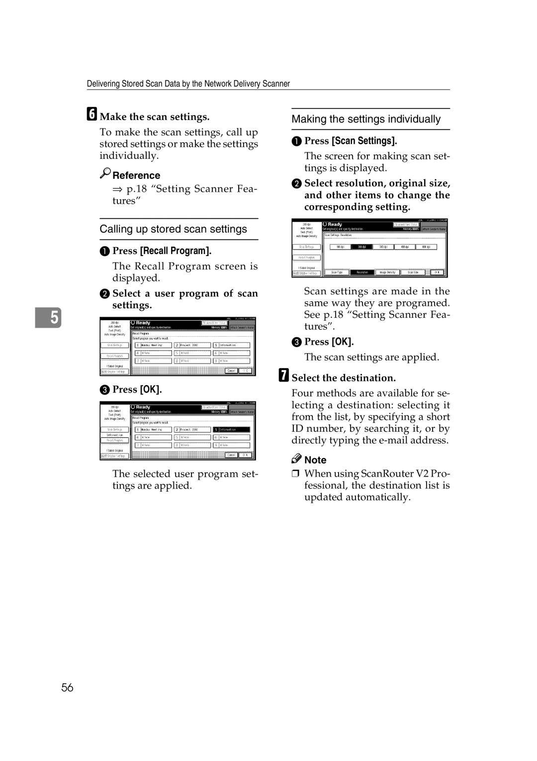 Savin 1075 Making the settings individually, Calling up stored scan settings, Press Scan Settings, Press Recall Program 