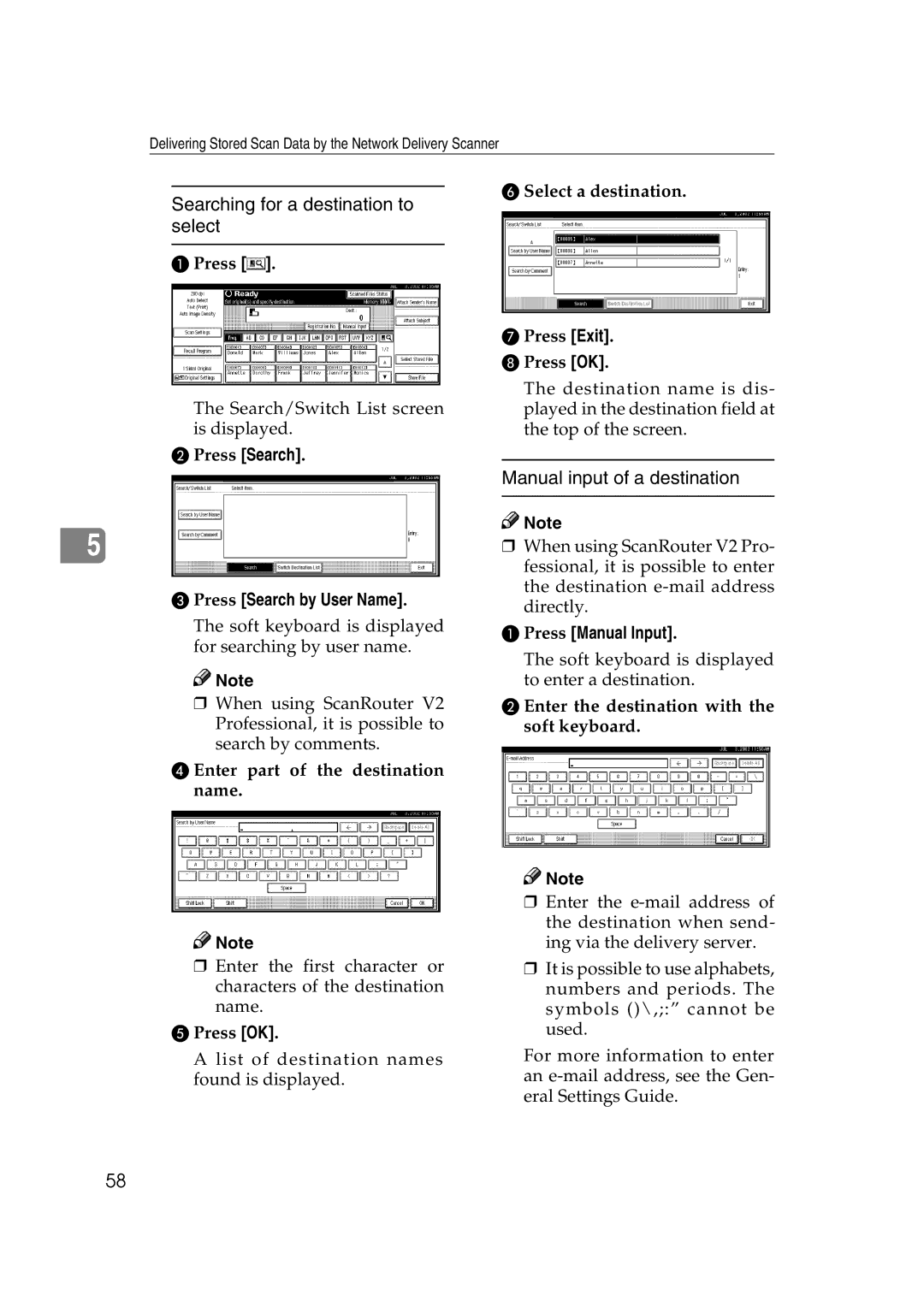 Savin 1075 appendix Searching for a destination to select, Manual input of a destination, Press Search by User Name 