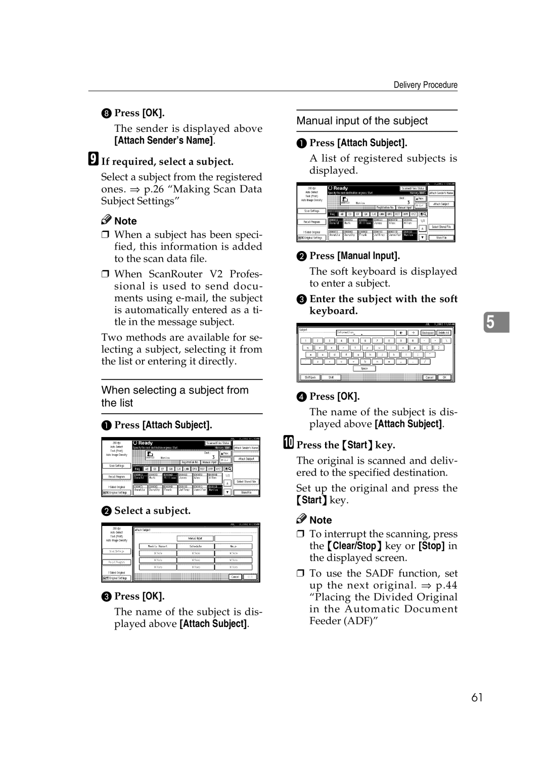 Savin 1075 appendix Manual input of the subject, When selecting a subject from the list, Press Attach Subject 