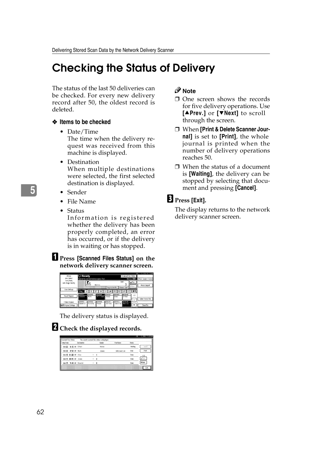 Savin 1075 appendix Checking the Status of Delivery, Items to be checked, Check the displayed records 