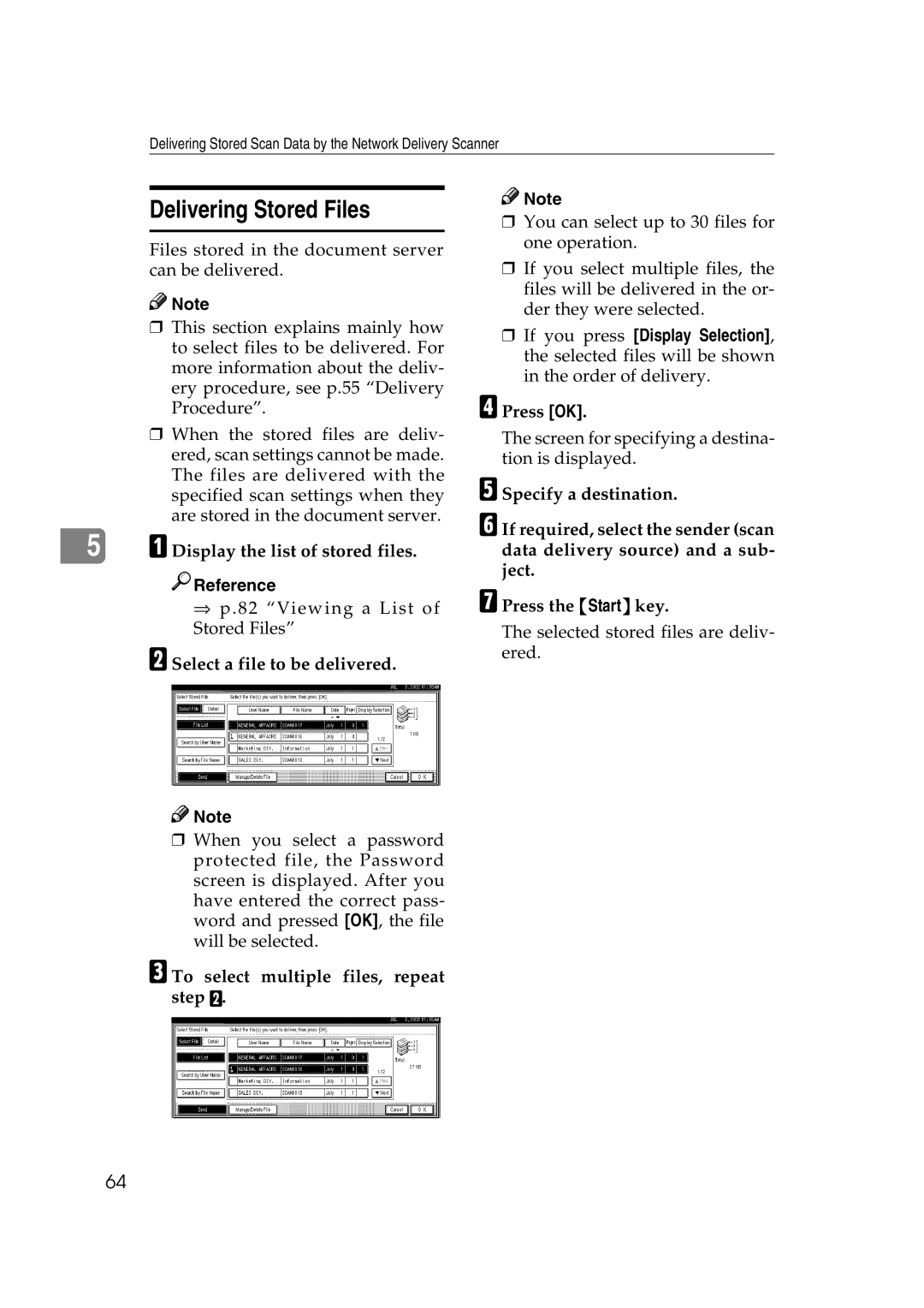 Savin 1075 appendix Delivering Stored Files, Display the list of stored files, Select a file to be delivered 