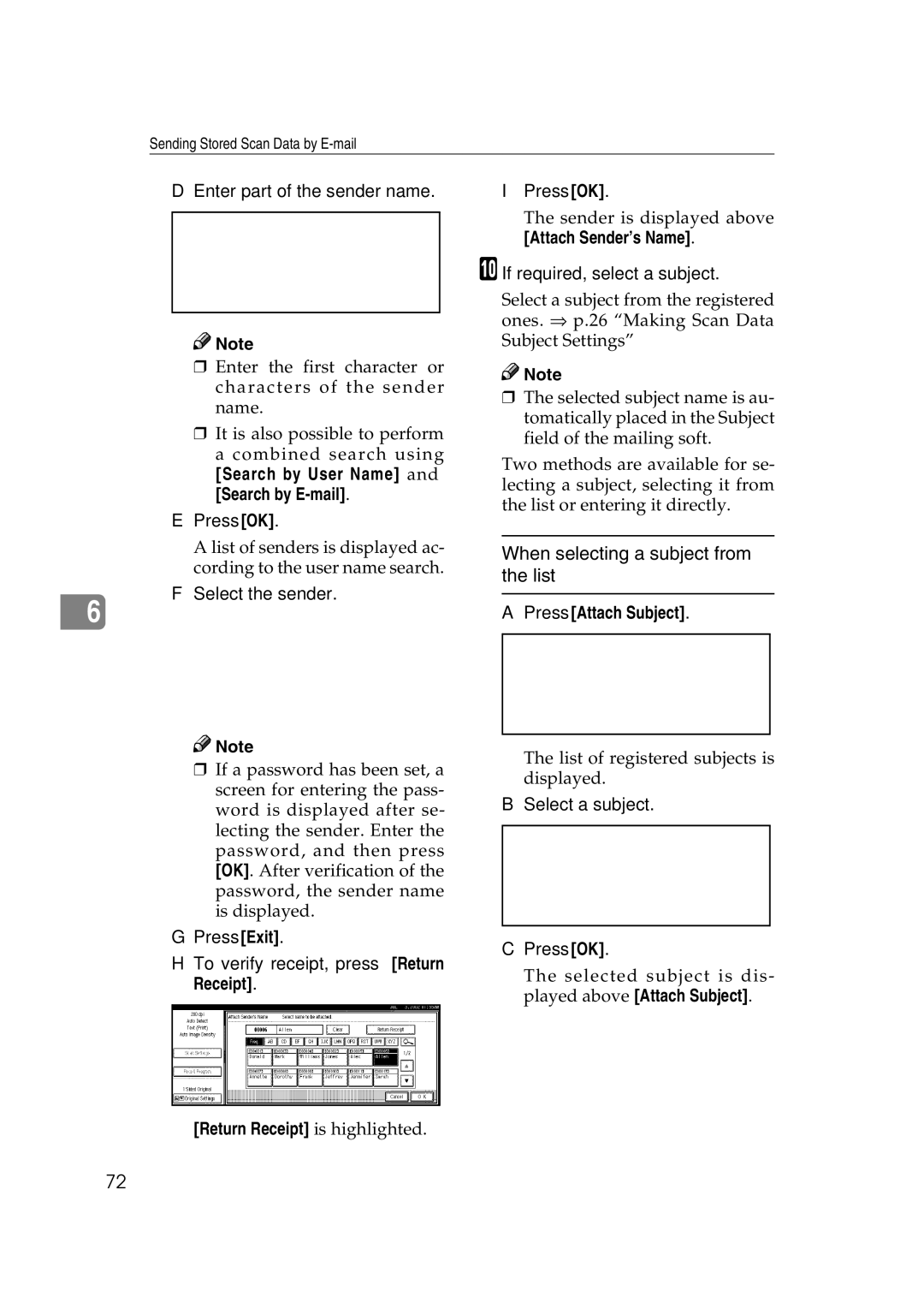 Savin 1075 appendix Enter part of the sender name, Press Exit To verify receipt, press Return Receipt Press OK 