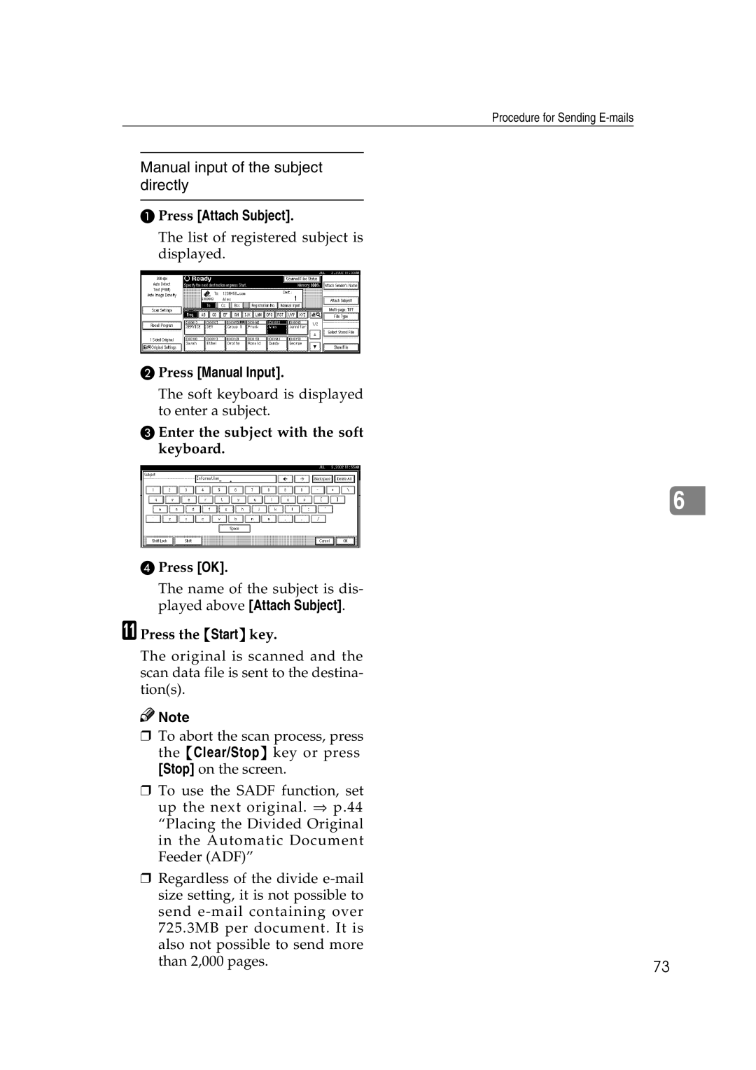 Savin 1075 appendix Manual input of the subject directly, Enter the subject with the soft keyboard Press OK 