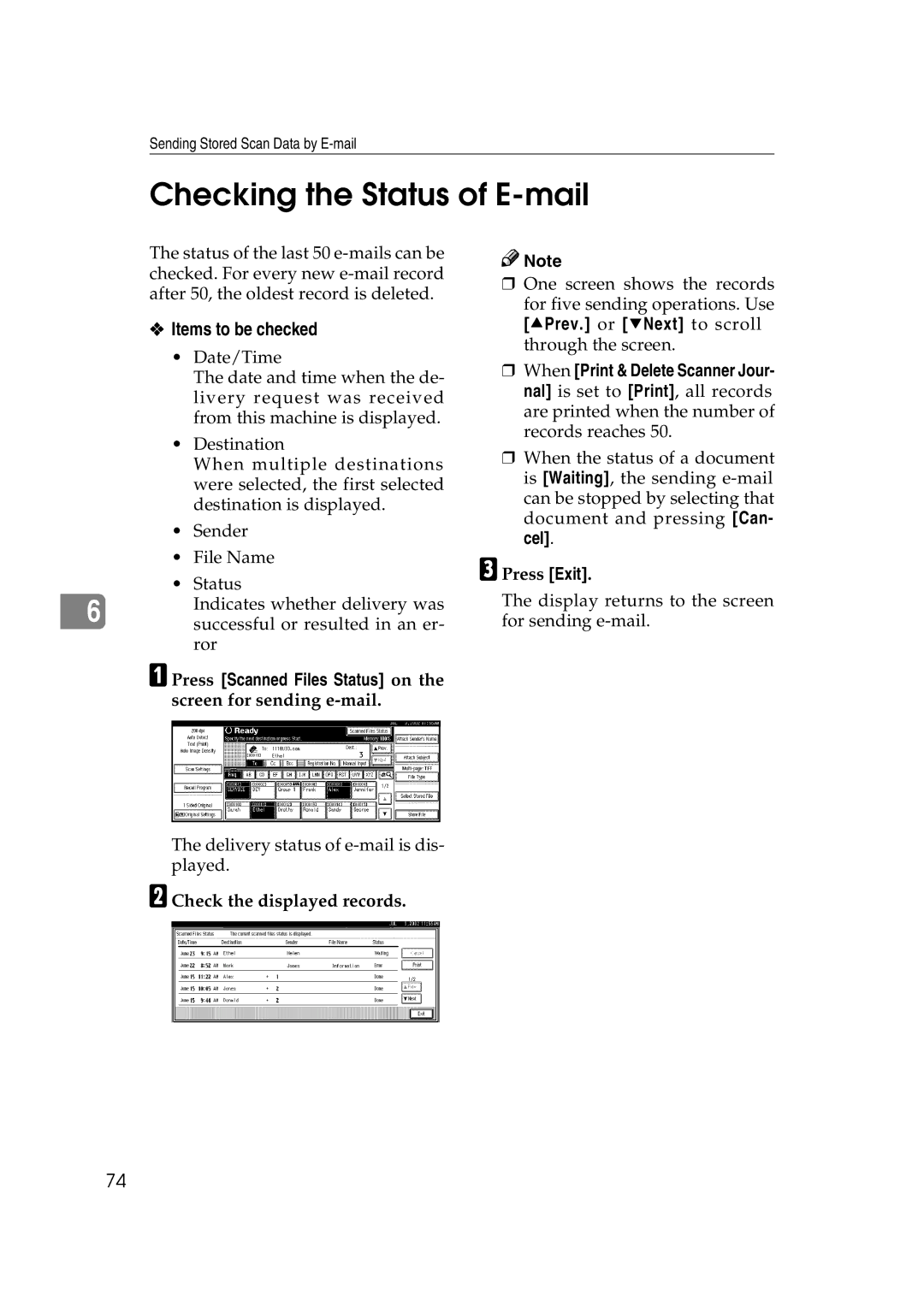 Savin 1075 appendix Checking the Status of E-mail, Press Scanned Files Status on the screen for sending e-mail 