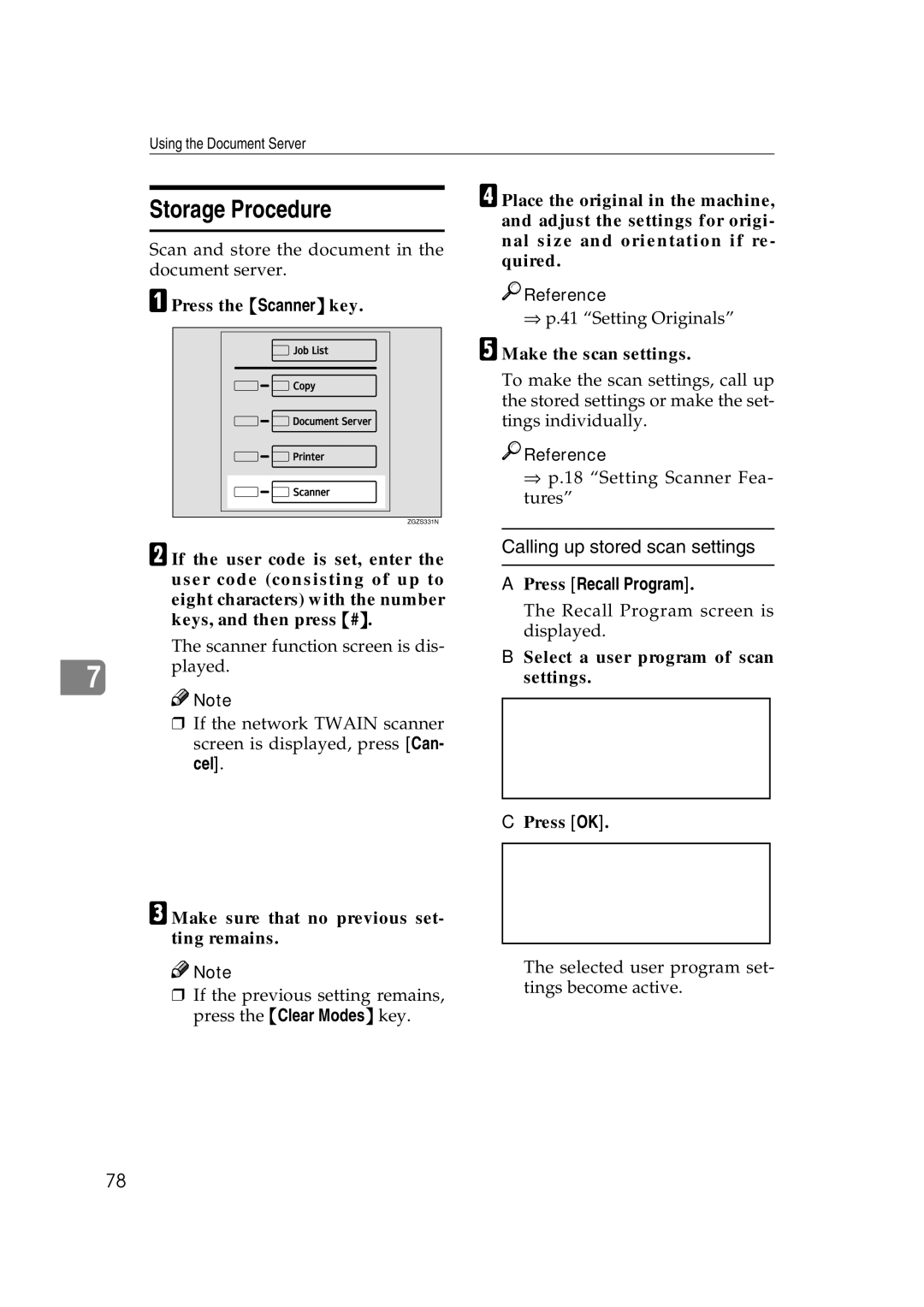 Savin 1075 appendix Storage Procedure, Make sure that no previous set- ting remains 