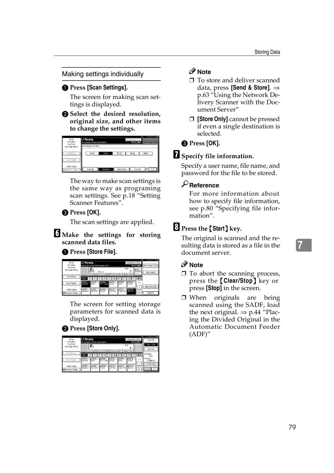 Savin 1075 appendix Making settings individually, Make the settings for storing scanned data files, Press Store Only 