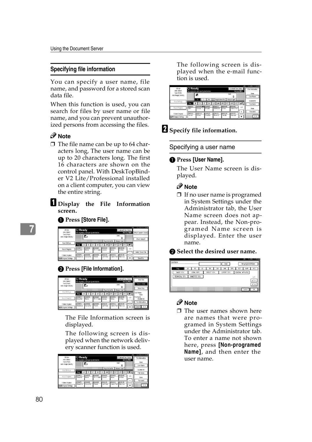 Savin 1075 Specifying file information, Specifying a user name, Press Store File Press File Information, Press User Name 