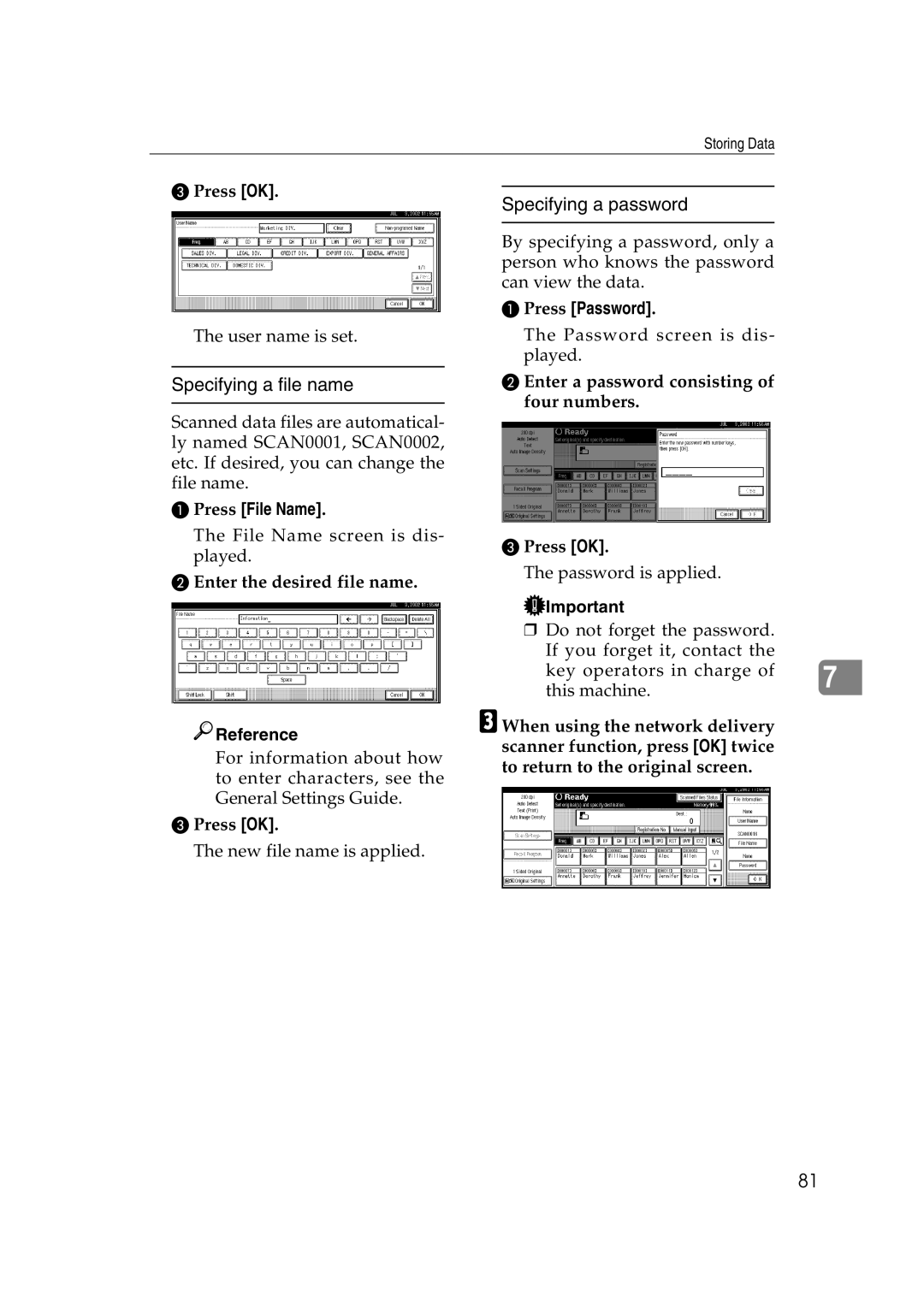 Savin 1075 appendix Specifying a password, Specifying a file name, Press Password, Press File Name 