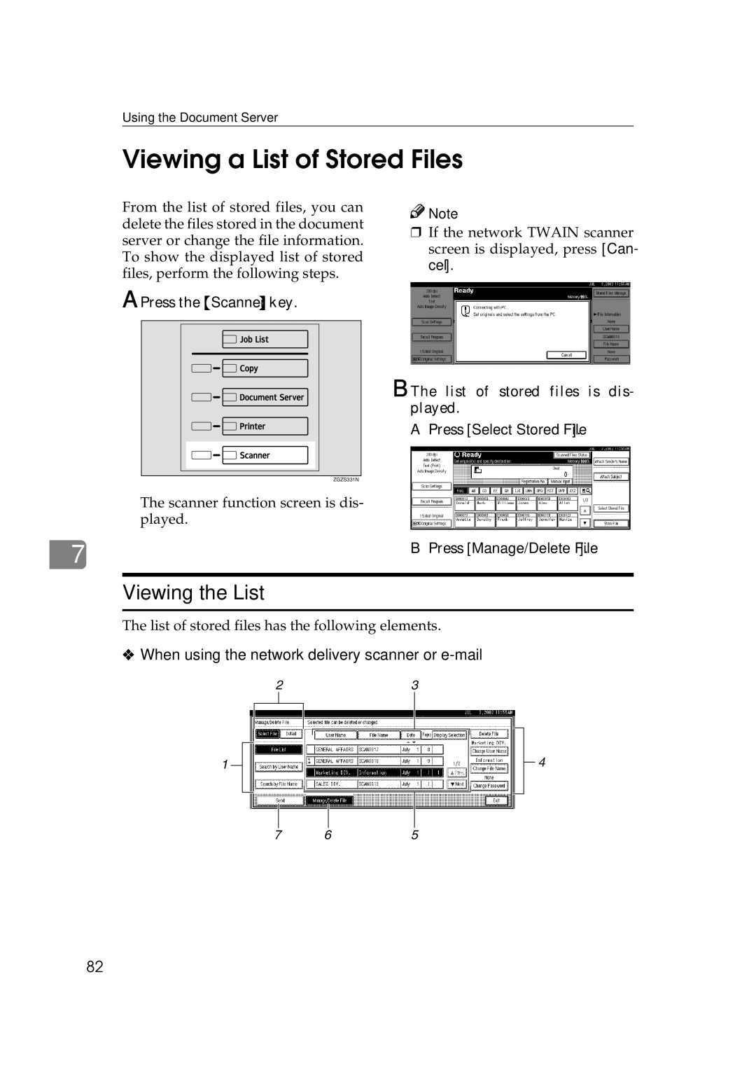 Savin 1075 appendix Viewing a List of Stored Files, Viewing the List, When using the network delivery scanner or e-mail 