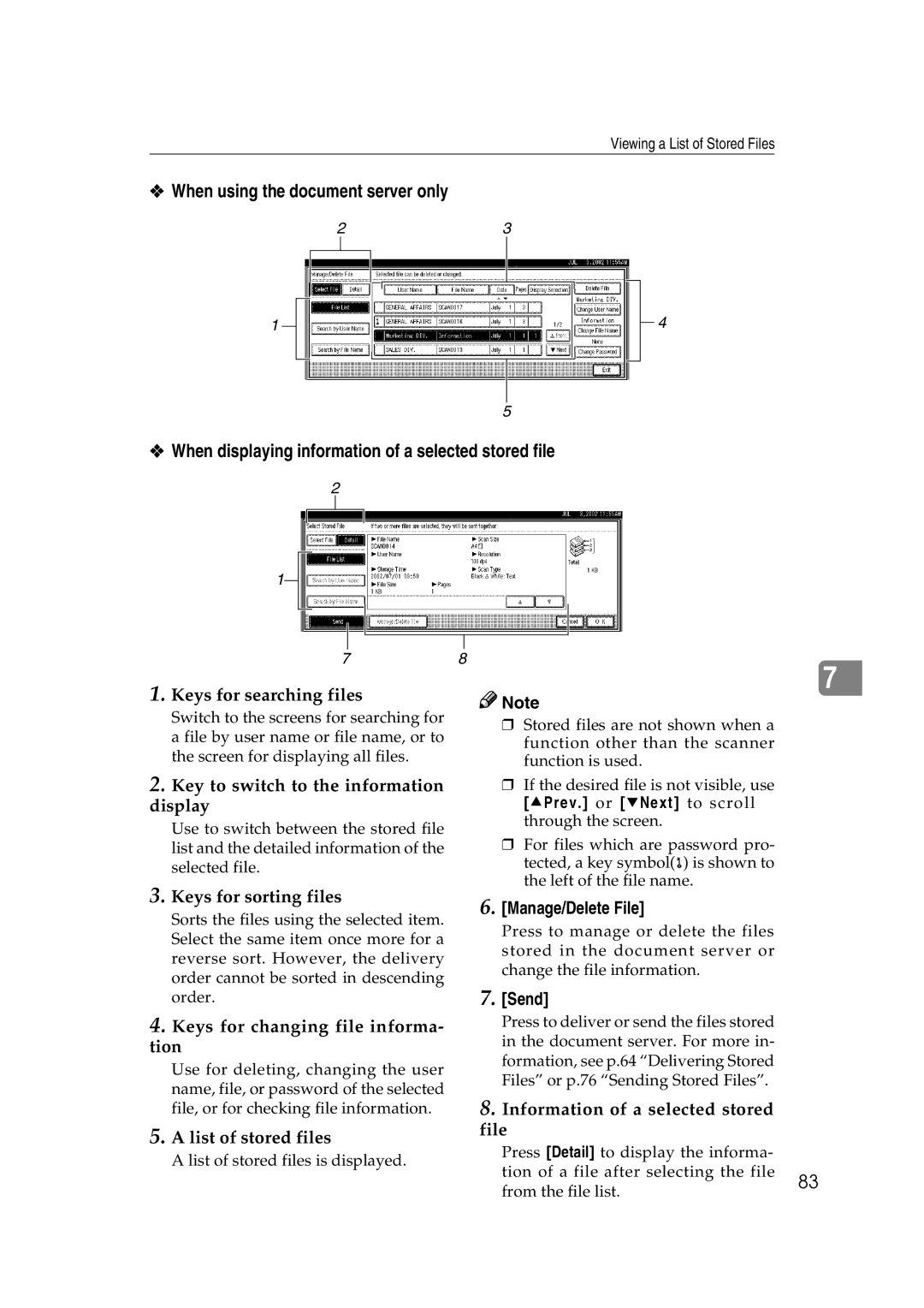 Savin 1075 appendix Manage/Delete File, Send 