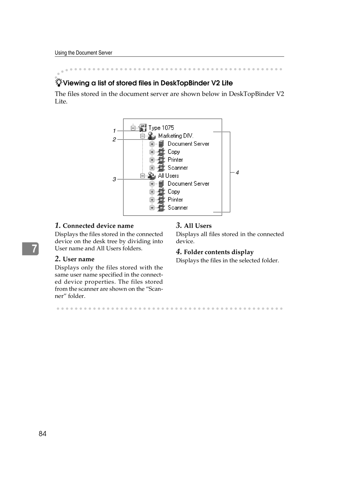 Savin 1075 appendix Connected device name, User name, All Users, Folder contents display 