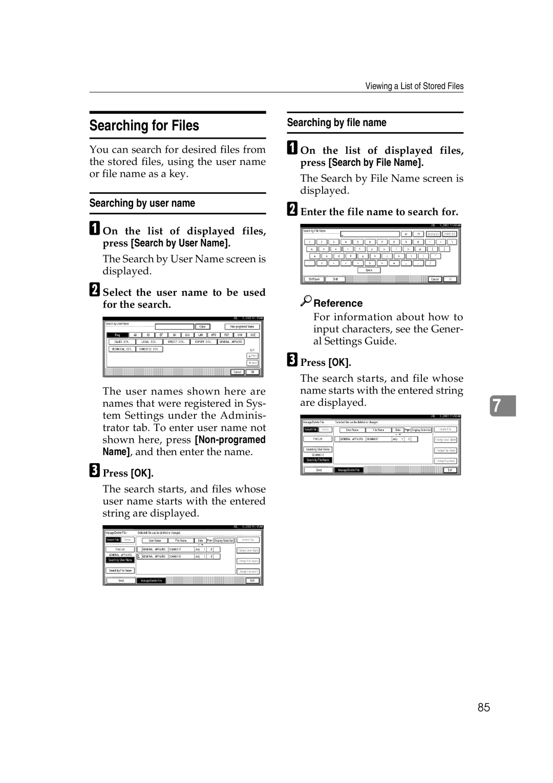 Savin 1075 appendix Searching for Files, Searching by user name, Searching by file name 