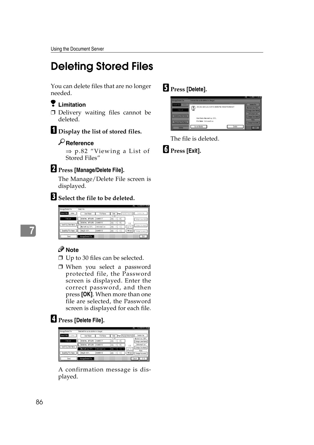 Savin 1075 appendix Deleting Stored Files, You can delete files that are no longer, Needed, Select the file to be deleted 